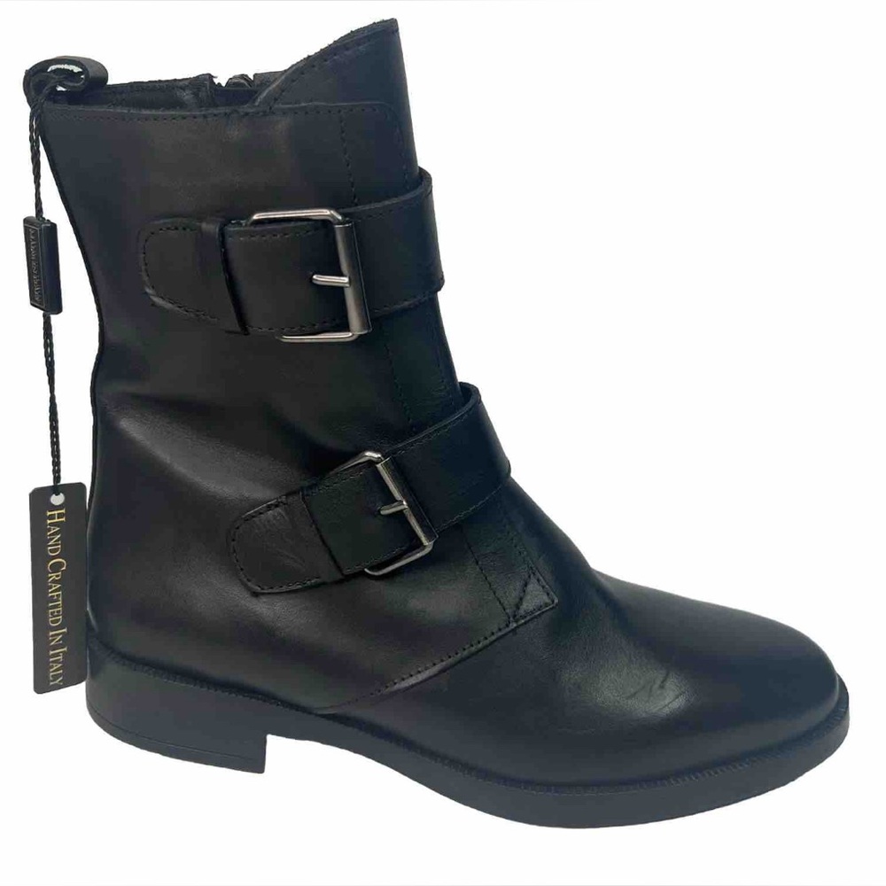 NWT EMANUELE CRASTO ITALY🇮🇹MADE Finest Italian BLACK LEATHER Boot Faux Buckle